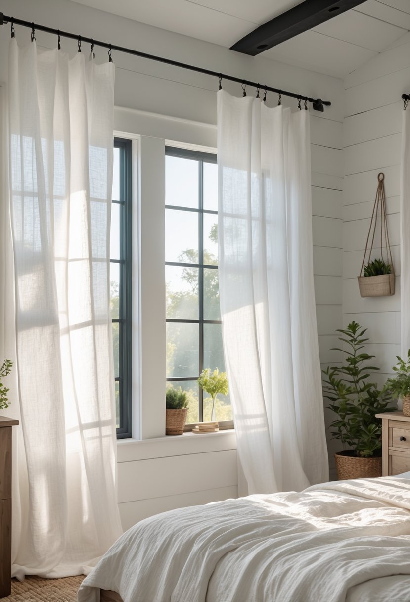 A bedroom with large windows covered by white semi-sheer curtains, sunlight filtering through and illuminating the room with a bed and wooden furniture.