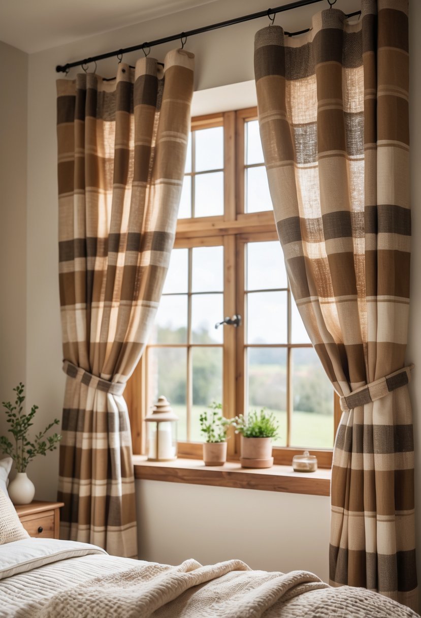 A bedroom with earth-tone checkered curtains hanging on a window, soft natural light coming through, and a neatly made bed nearby.