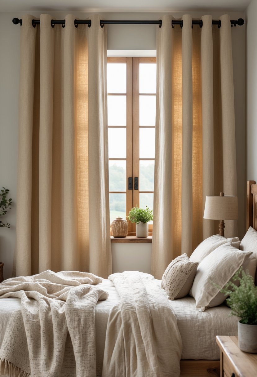 A bedroom with a wooden bed, beige curtains hanging from a metal rod, and soft natural light coming through the window.