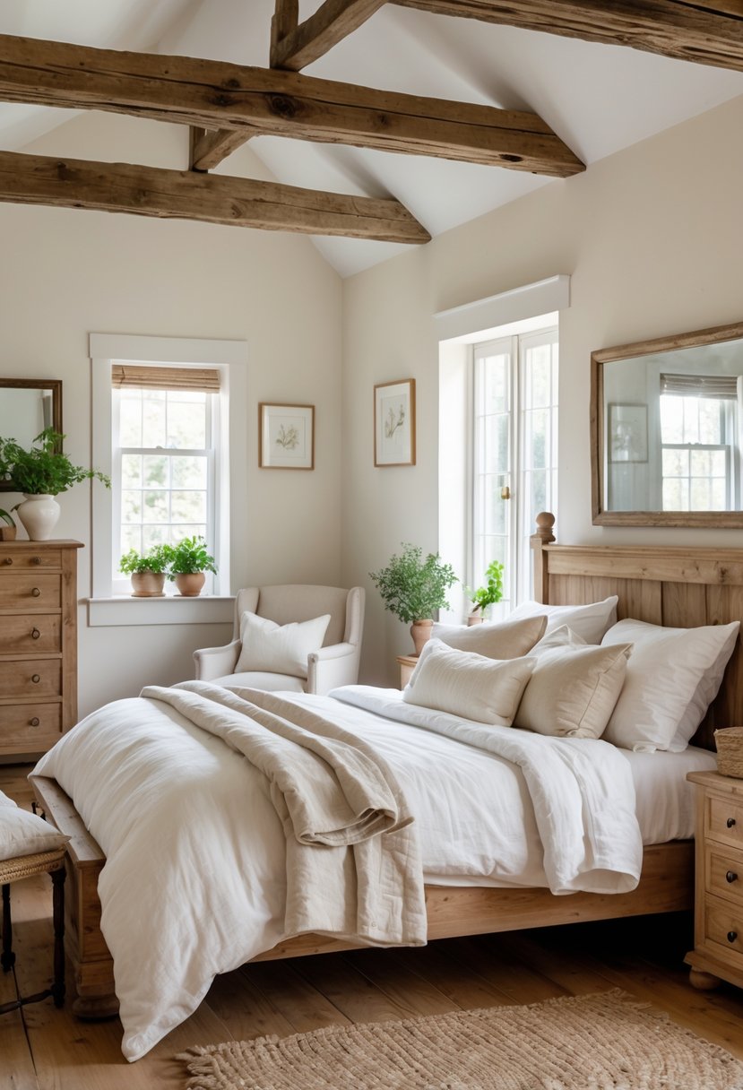 A bright bedroom with a wooden bed, white bedding, wooden beams, a dresser, armchair, plants, and natural light coming through a window.
