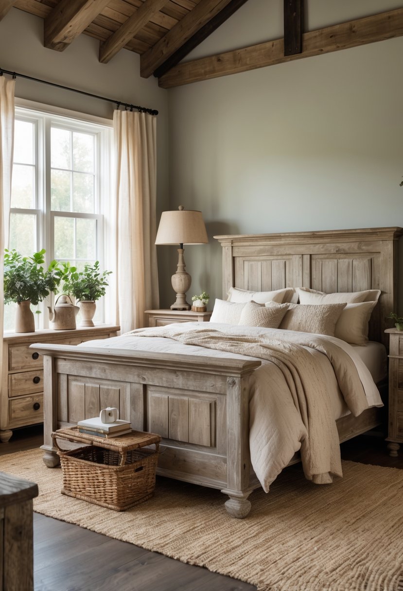 A bedroom with a wooden bed, bedside tables, dresser, soft bedding, and natural light creating a warm and inviting atmosphere.