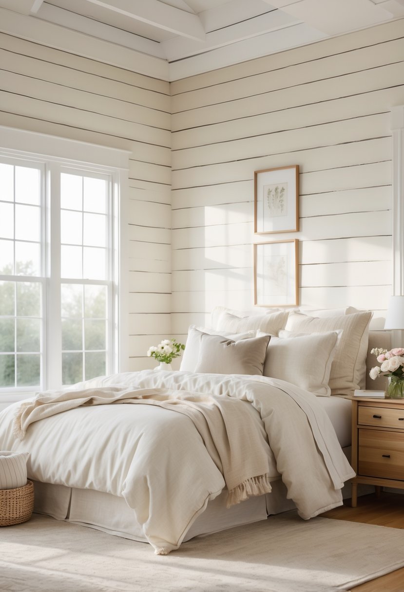 A bright bedroom with white shiplap walls, a neatly made bed, wooden nightstand, and soft natural lighting.
