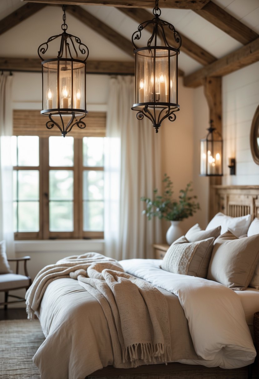 A bedroom with a neatly made bed, wrought iron light fixtures, wooden furniture, and natural light coming through a window.
