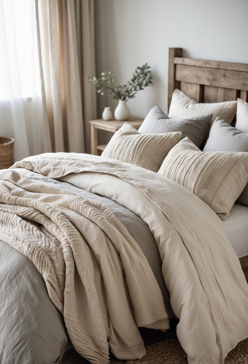 A bedroom with a neatly made bed layered with neutral-toned linen and cotton bedding, soft pillows, and natural light coming through a window.