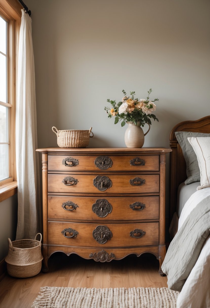 A bedroom with a wooden dresser featuring antique handles, a bed with layered linens, and decorative items on the dresser.