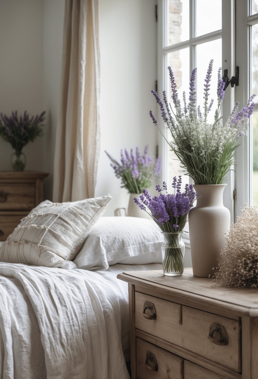 A bedroom with a bed, wooden furniture, and vases holding fresh wildflowers and dried lavender.