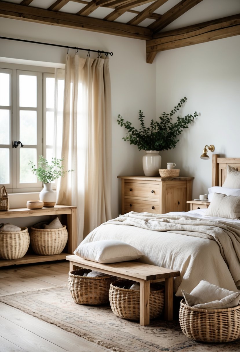 A bright bedroom with a bed, wooden furniture, and woven baskets used for storage, illuminated by natural light.