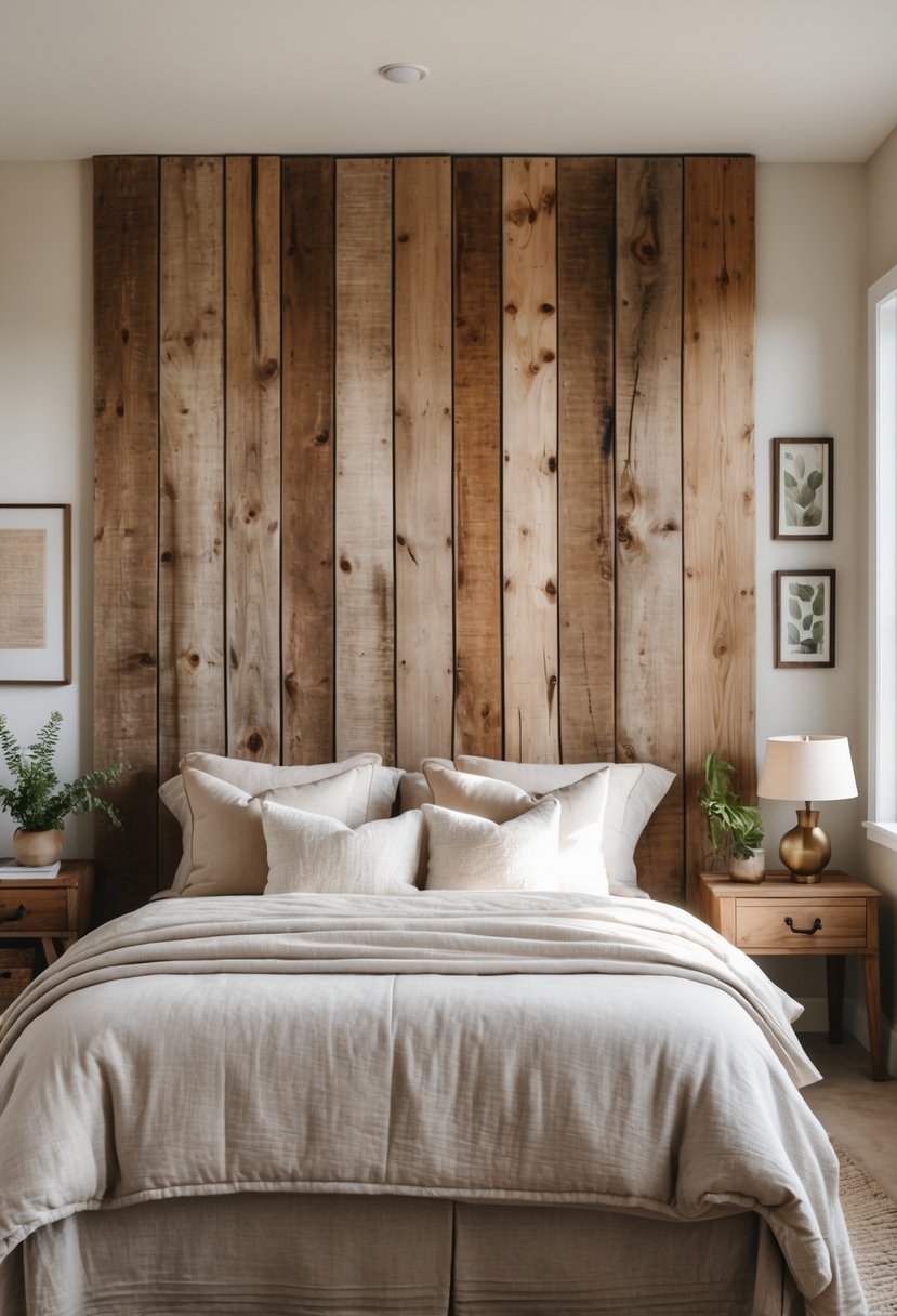 A bedroom with a large wooden headboard, a neatly made bed, a nightstand with a lamp, and natural light coming through a window.