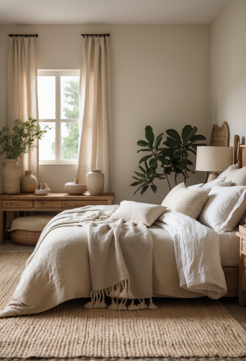 A bright bedroom with a neatly made bed, wooden furniture, and a woven natural fiber rug on the floor.