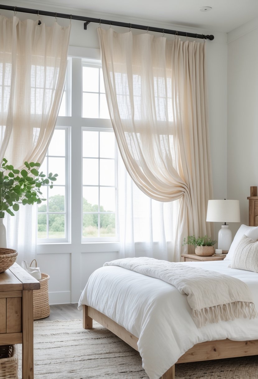 A bright bedroom with large windows covered by light fabric curtains, a wooden bed with white linens, and natural light filling the room.