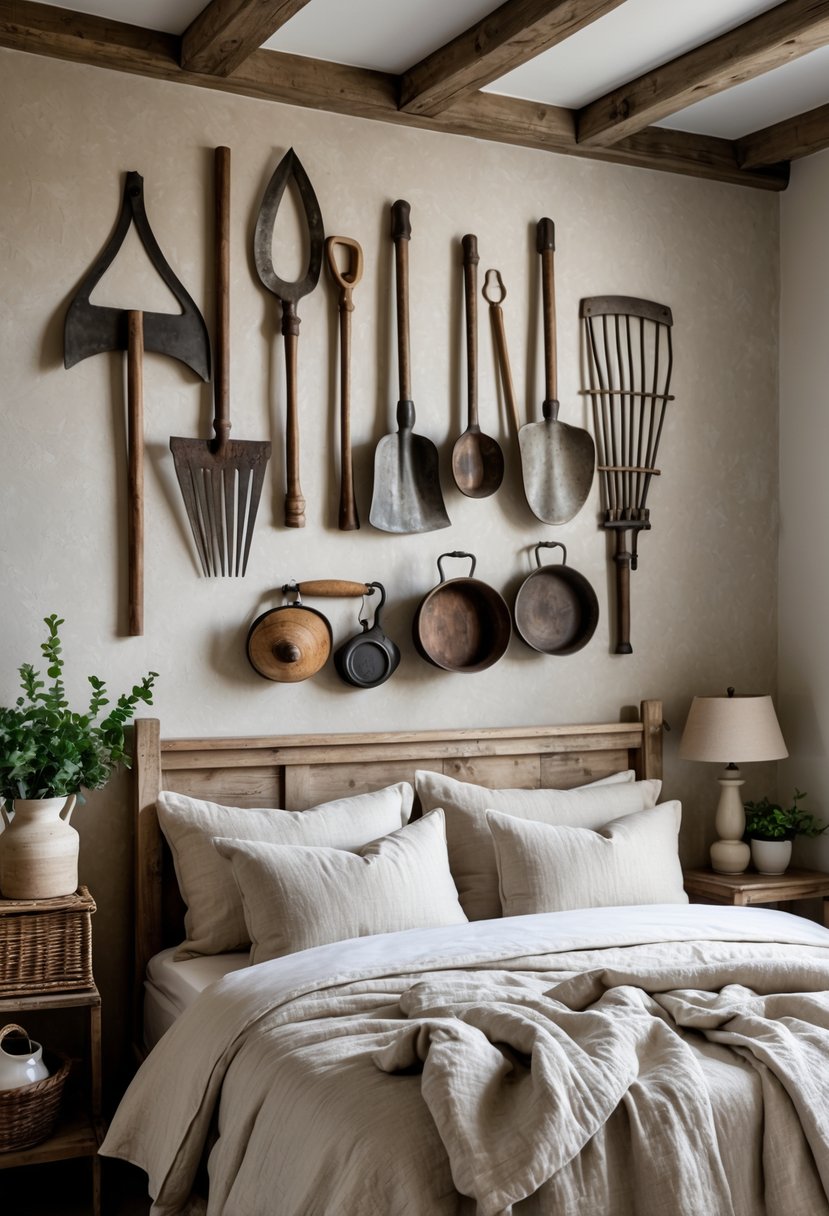 A bedroom with vintage farm tools and kitchenware displayed as wall art above the bed, featuring neutral bedding and rustic decor.