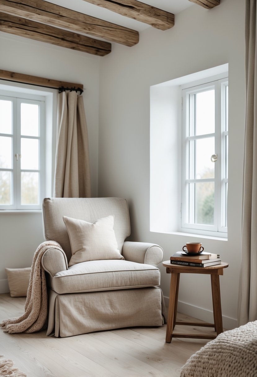 A cozy reading nook with a slipcovered armchair next to a window in a bright bedroom.