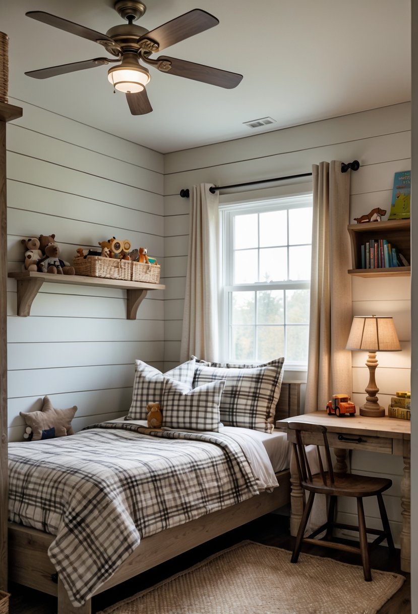 A boys' bedroom with a wooden accent wall, a bed with plaid bedding, shelves with books and toys, and natural light coming through a window.