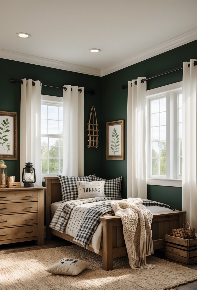 A cozy boys' bedroom with dark green walls, wooden furniture, natural light, and rustic decor creating a warm and inviting atmosphere.