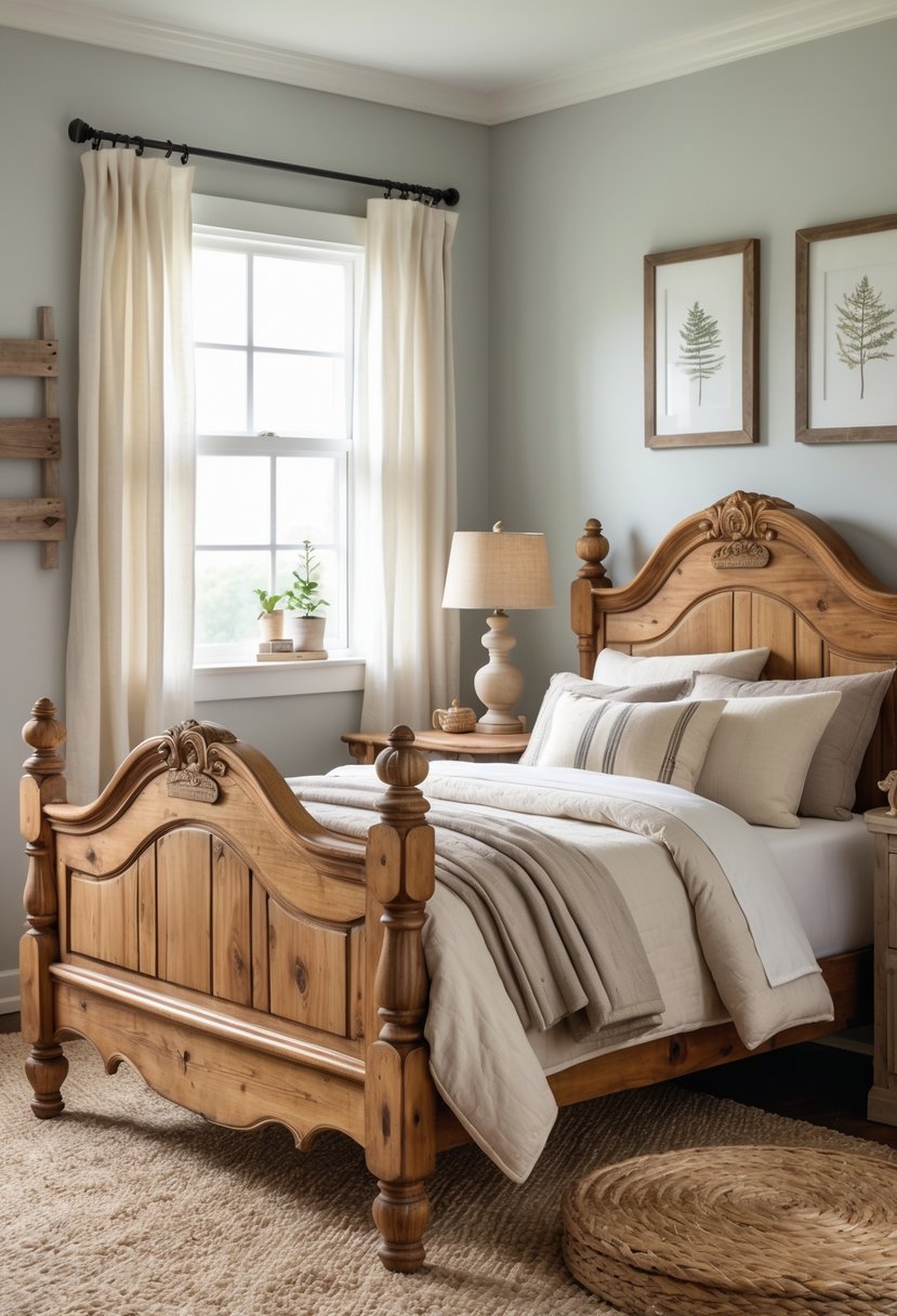A boys' bedroom with an antique wooden bed frame, soft bedding, a wooden nightstand, and natural light coming through a window.