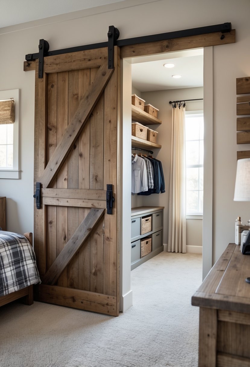 A boys' bedroom with a rustic wooden barn door closet partially open, showing organized clothes inside and cozy bedroom furnishings nearby.