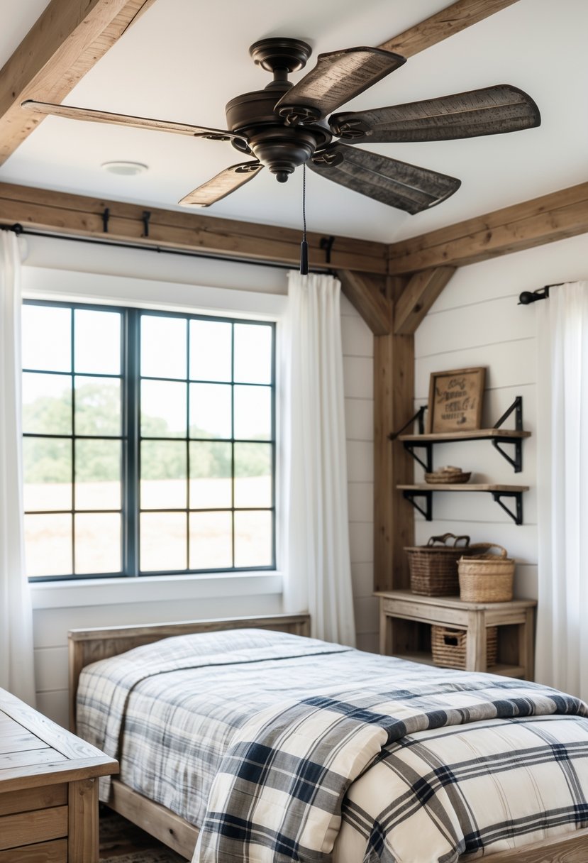 A boys' bedroom with a vintage metal ceiling fan, wooden furniture, and natural light coming through a window.