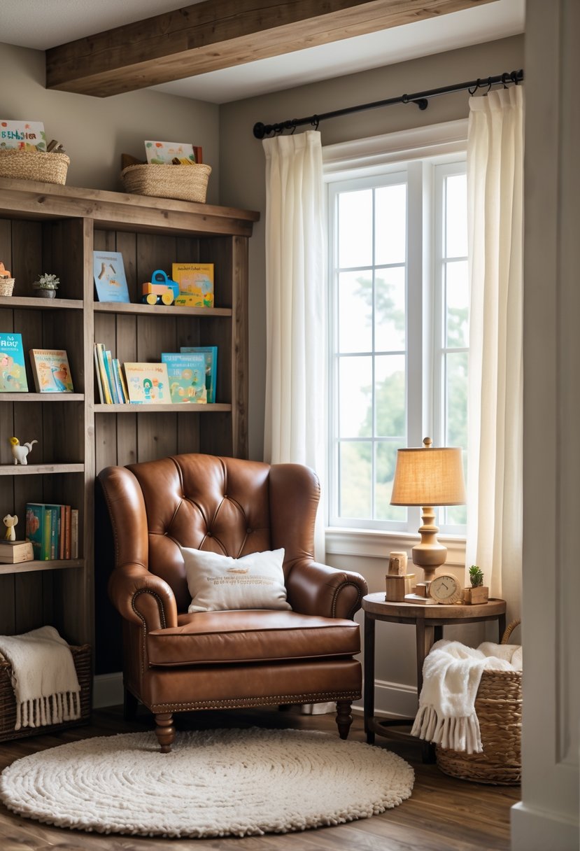 A cozy reading nook with a brown leather armchair next to a wooden bookshelf filled with children's books and soft natural light coming through a window.