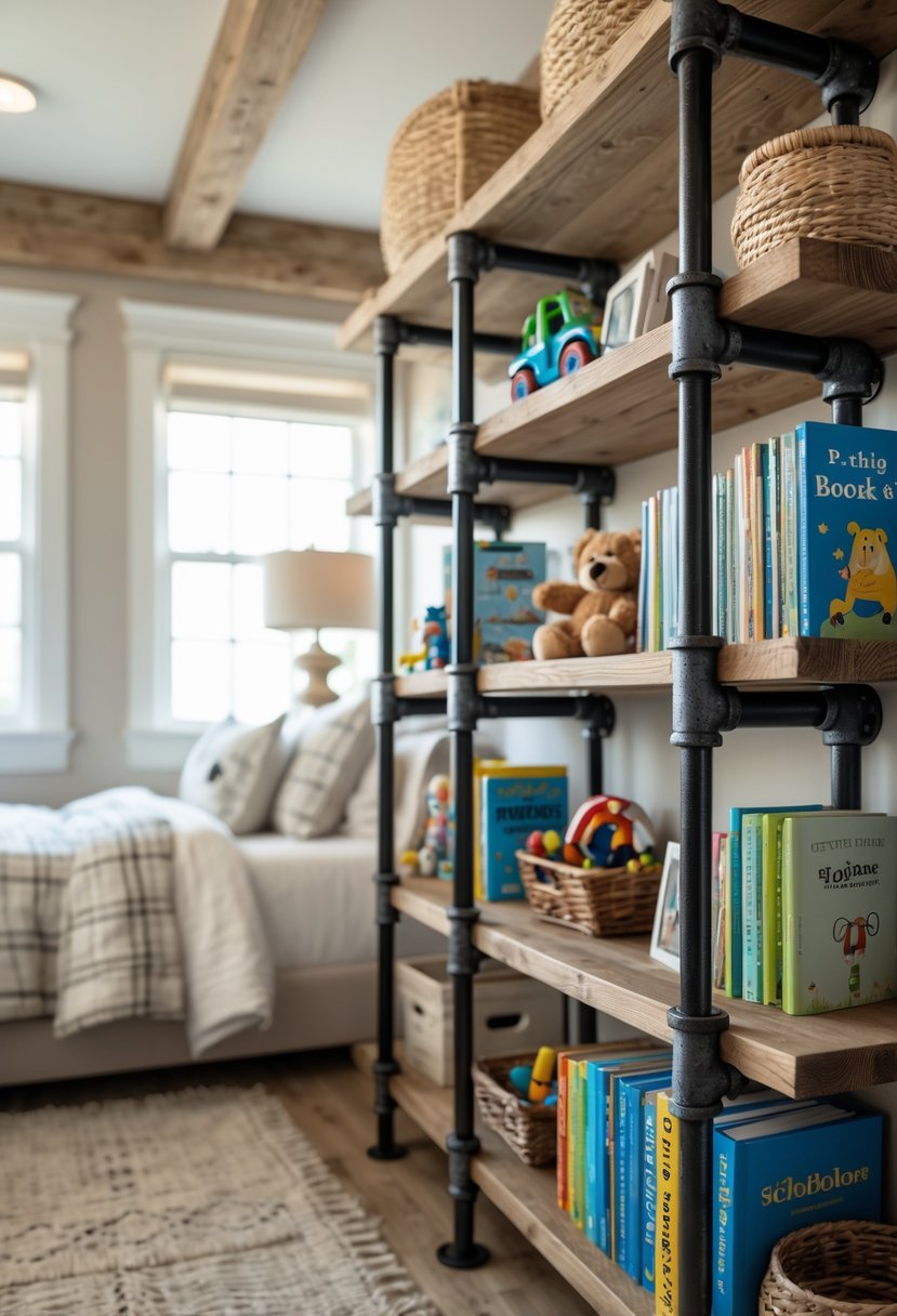 A boys' bedroom with industrial pipe bookshelves filled with books and toys, a bed, and natural light.