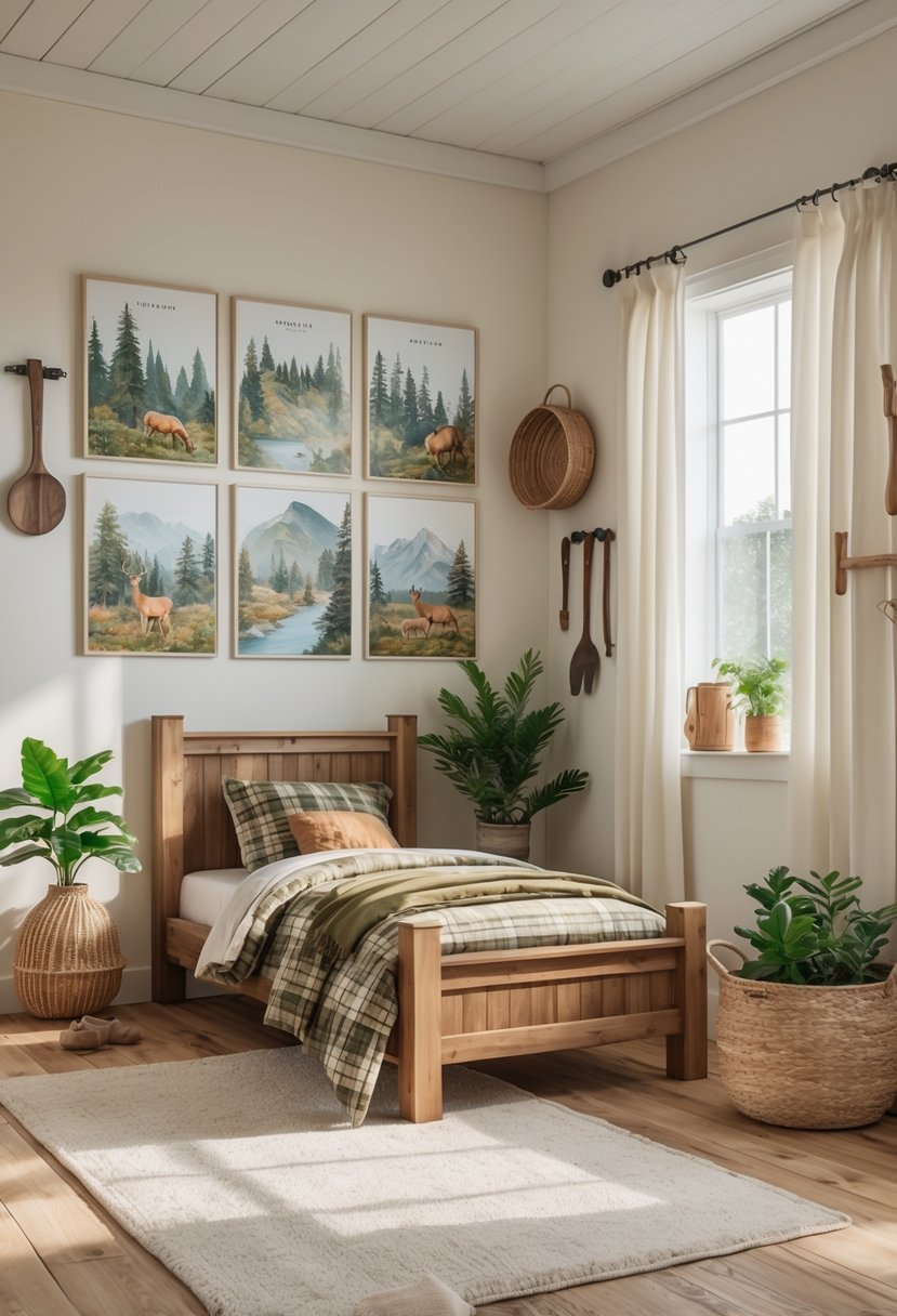A boys' bedroom with wooden furniture, plaid bedding, and framed nature-themed wall art showing forest animals and landscapes.
