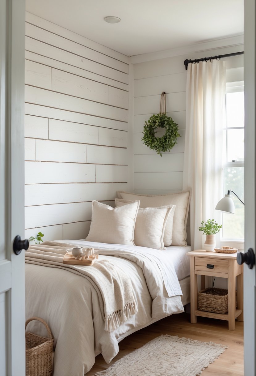 A small bedroom with a wooden accent wall behind the bed, a neatly made bed, a nightstand with a lamp, and natural light coming through a window.