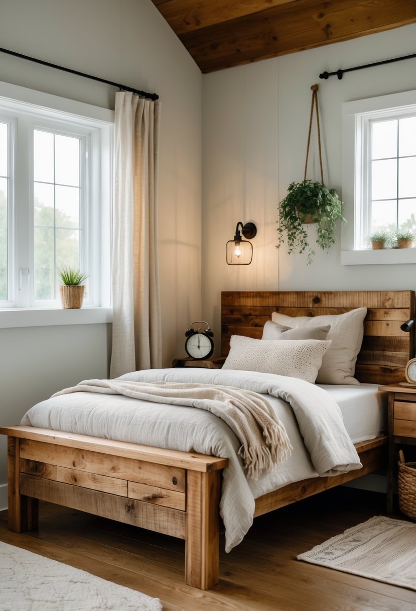 A small bedroom with a reclaimed wood bed and matching nightstands, soft bedding, natural light from a window, and simple decor.
