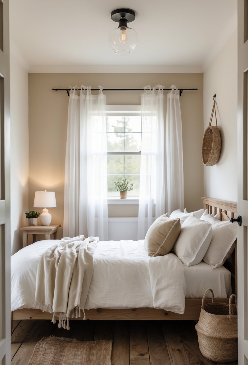 A small bedroom with a bed, nightstand, lamp, and natural light coming through sheer curtains.