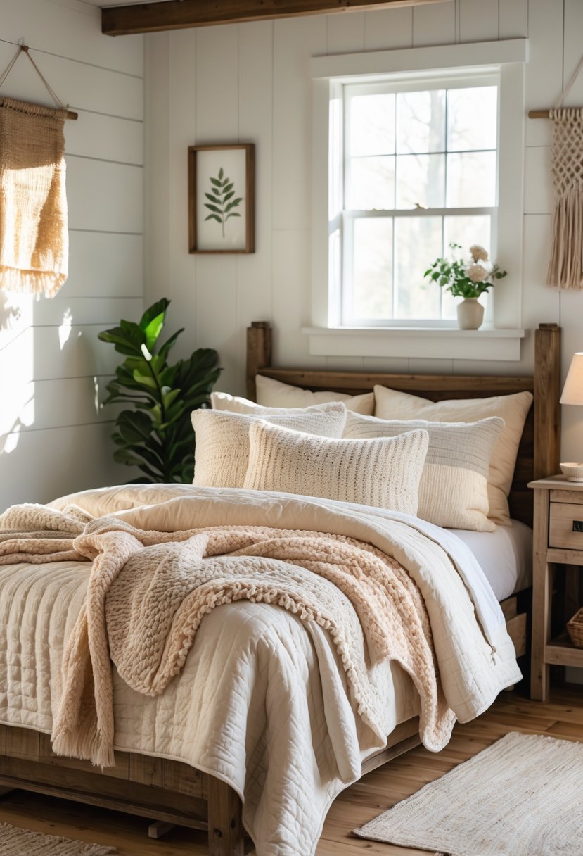 A small bedroom with a bed covered in layered quilts and knitted throws, wooden furniture, and natural light coming through a window.