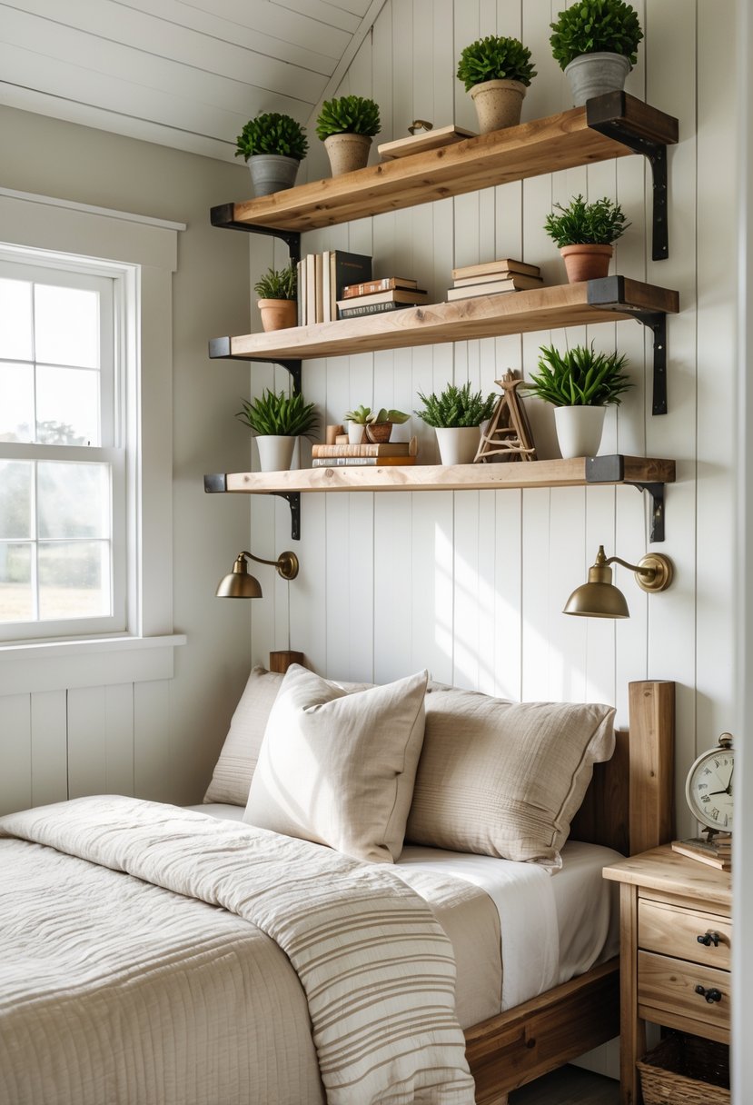 A small bedroom with wall-mounted wooden shelves above the bed holding plants and books, with natural light and rustic furniture.
