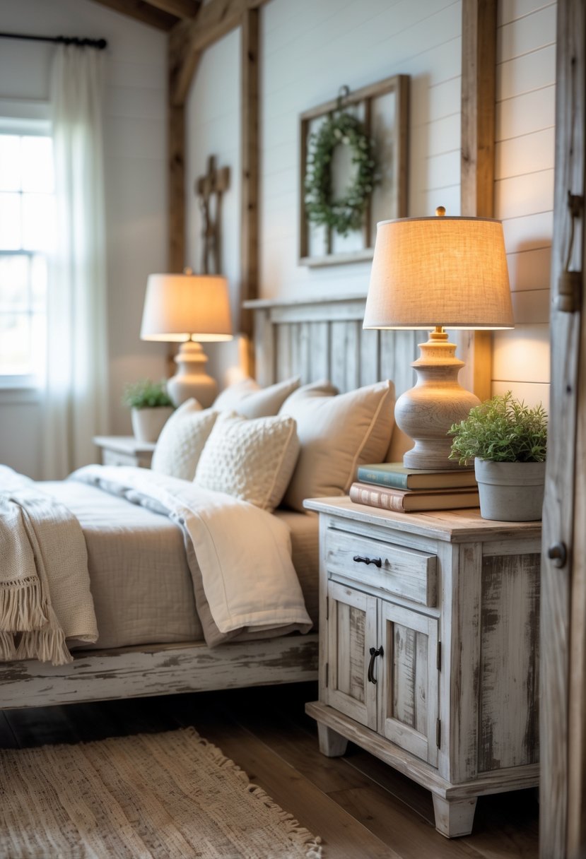 A bedroom with a bed flanked by two distressed wooden nightstands, each holding a lamp, books, and a small plant.
