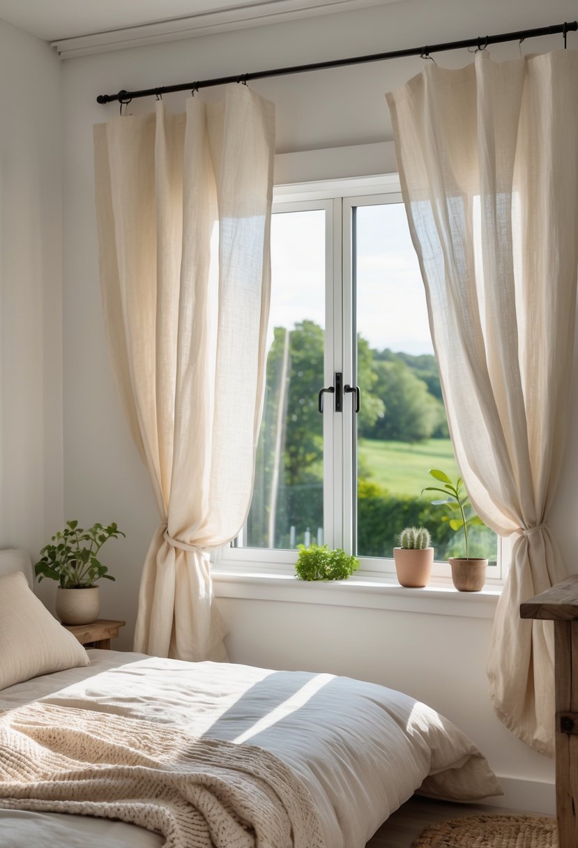 A small bedroom with light-colored curtains letting in natural sunlight, a bed, wooden furniture, and a plant by the window.