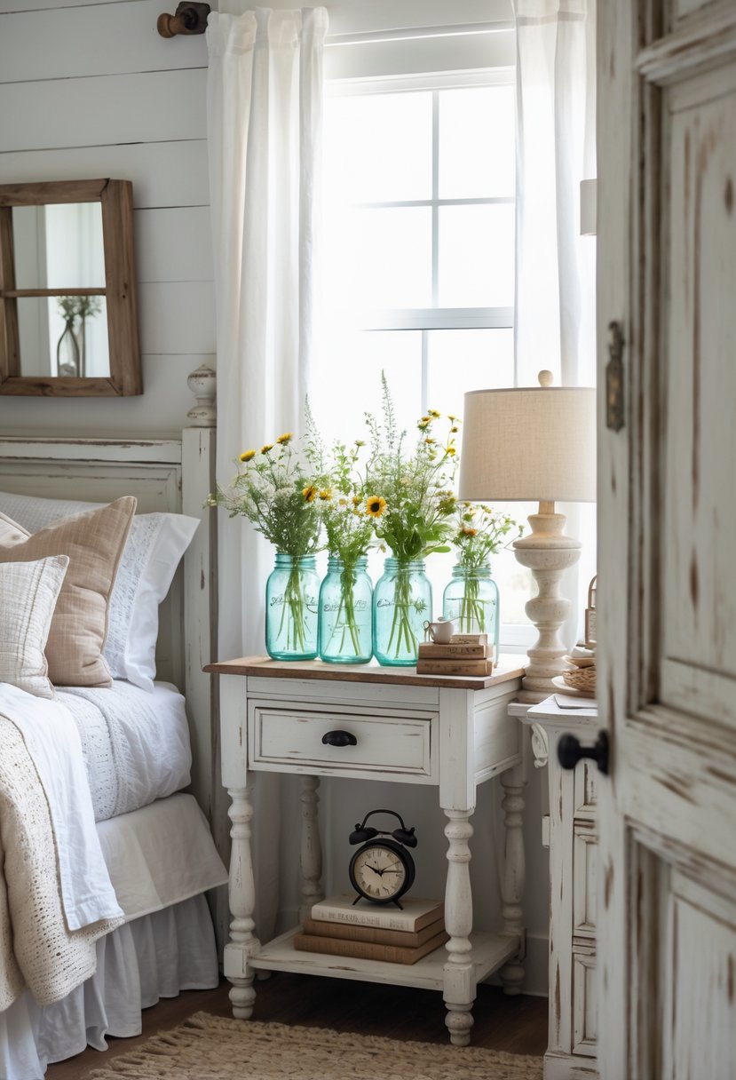 A small bedroom with a bed, bedside table holding mason jars filled with flowers, wooden furniture, and natural light coming through a window.