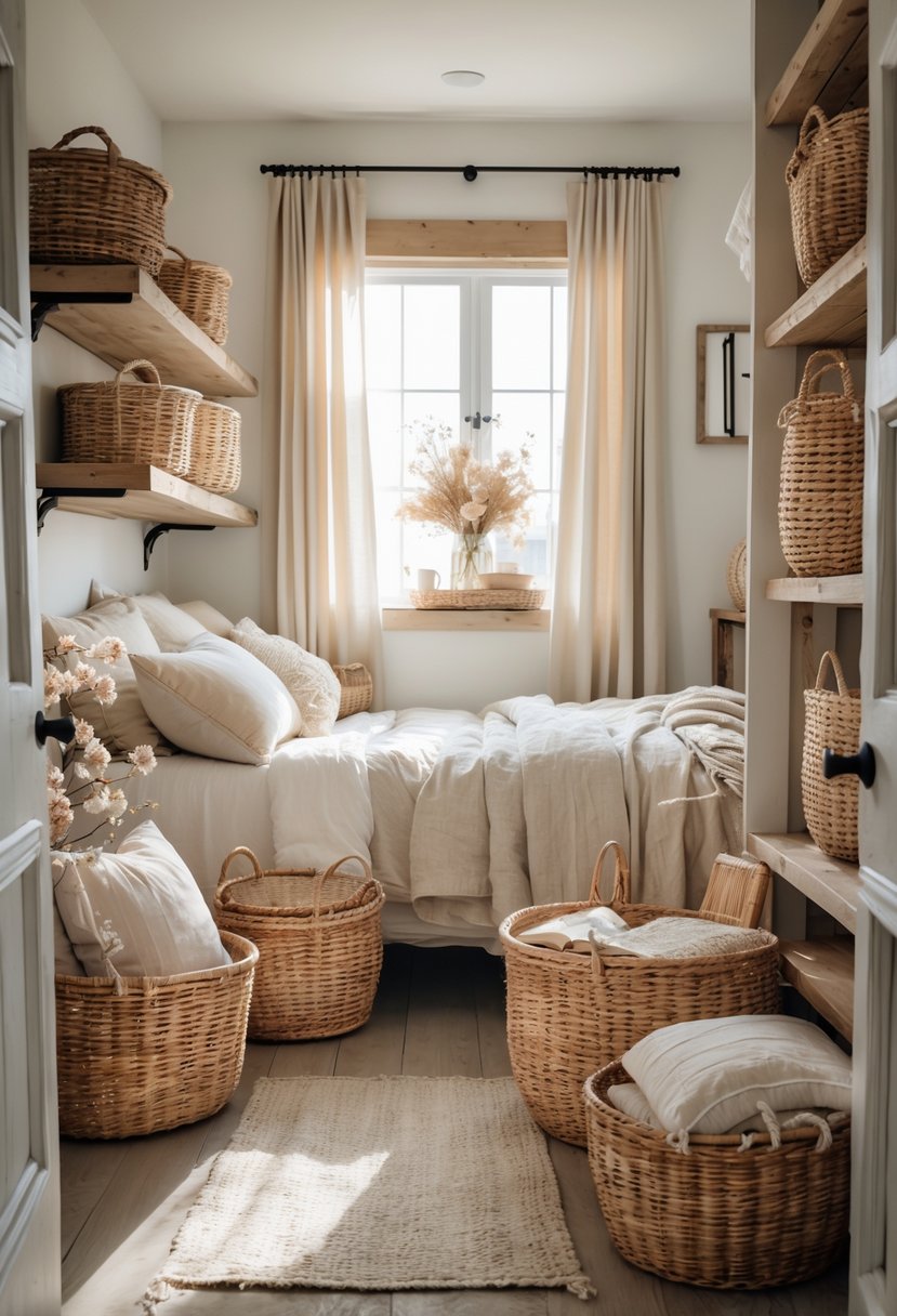 A small bedroom with a bed, wooden furniture, and woven baskets used for storage and decoration.