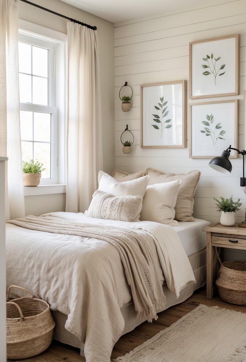 A small bedroom with a made bed, botanical prints in simple frames on the walls, wooden furniture, and natural light coming through a window.