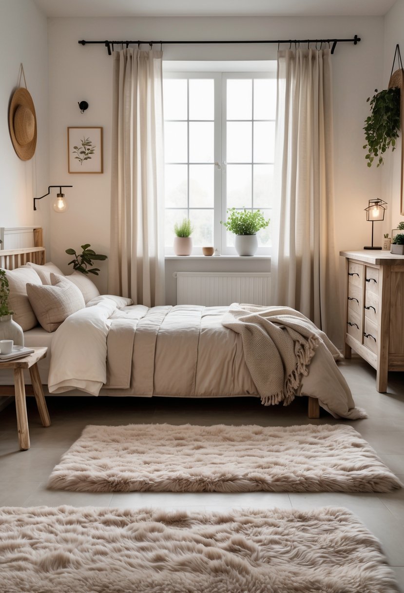 A small bedroom with a bed, wooden furniture, soft area rugs on the floor, natural light from a window, and simple decorations.