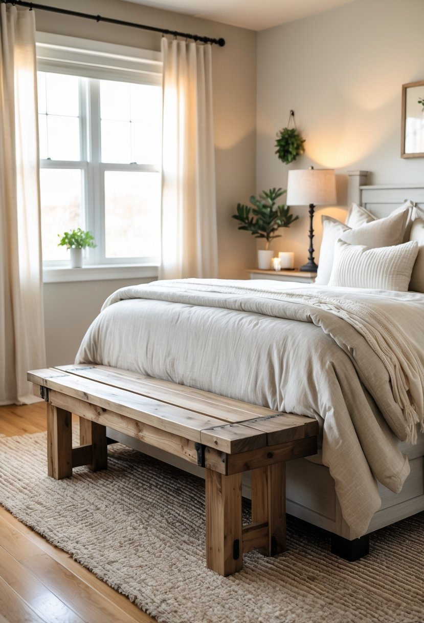 A bedroom with a wooden bench at the foot of a bed, soft bedding, and natural light coming through a window.