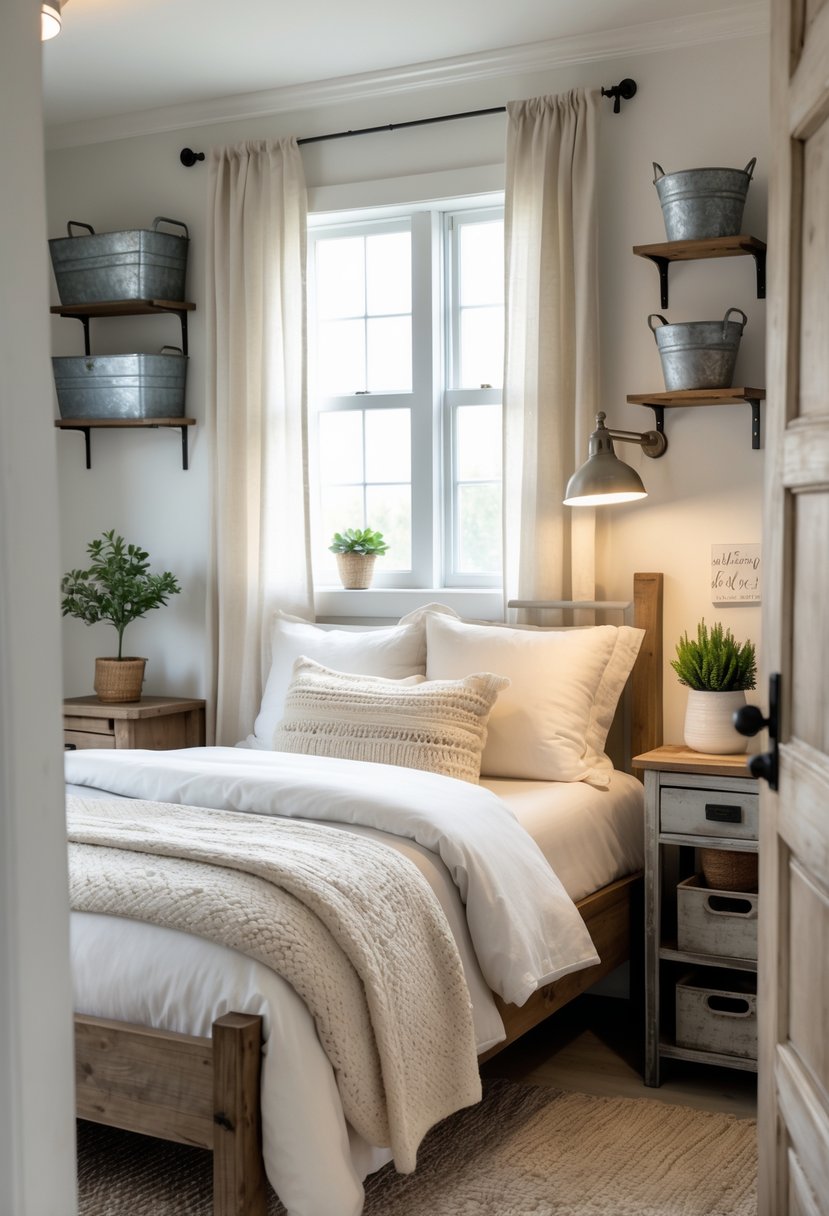 A small bedroom with a bed, wooden furniture, and galvanized metal accessories such as a lamp and storage baskets, lit by natural light.