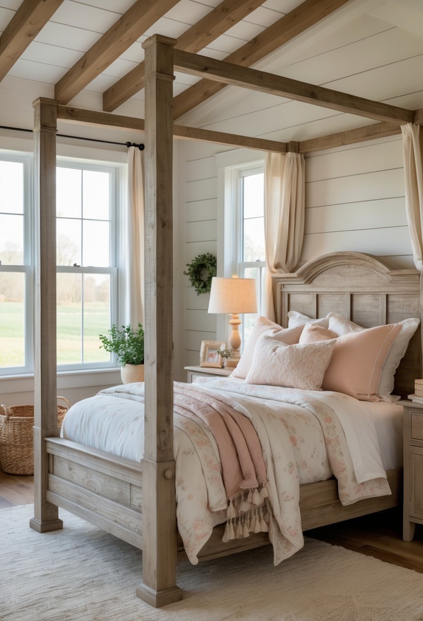 A cozy bedroom with a rustic wooden canopy bed, soft bedding, and natural light coming through windows.