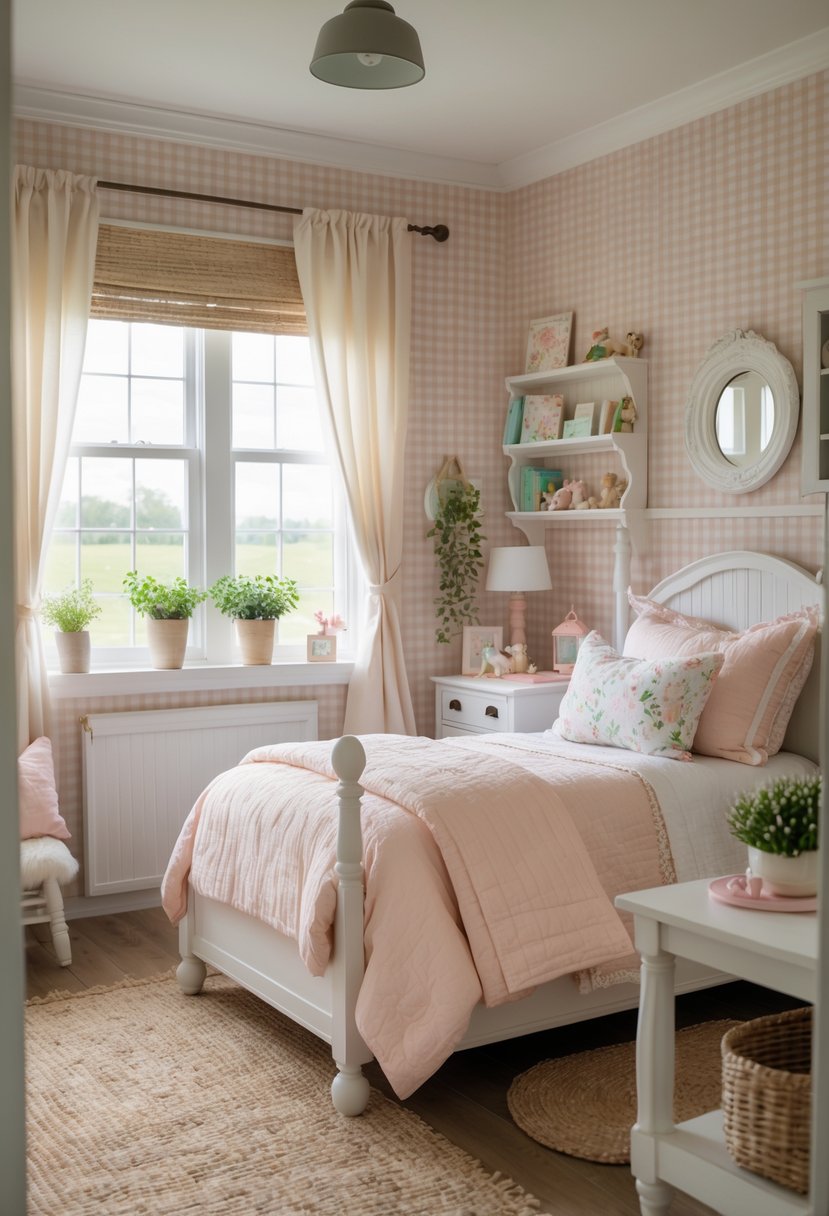 A bright farmhouse bedroom for a young girl with patterned wallpaper, a cozy bed, wooden furniture, and natural light.
