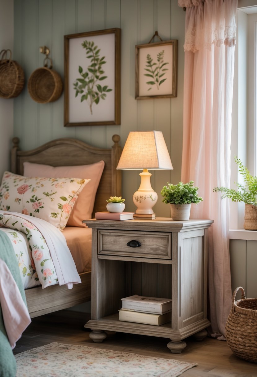 A wooden nightstand with two drawers and a lamp, next to a bed in a softly lit bedroom.
