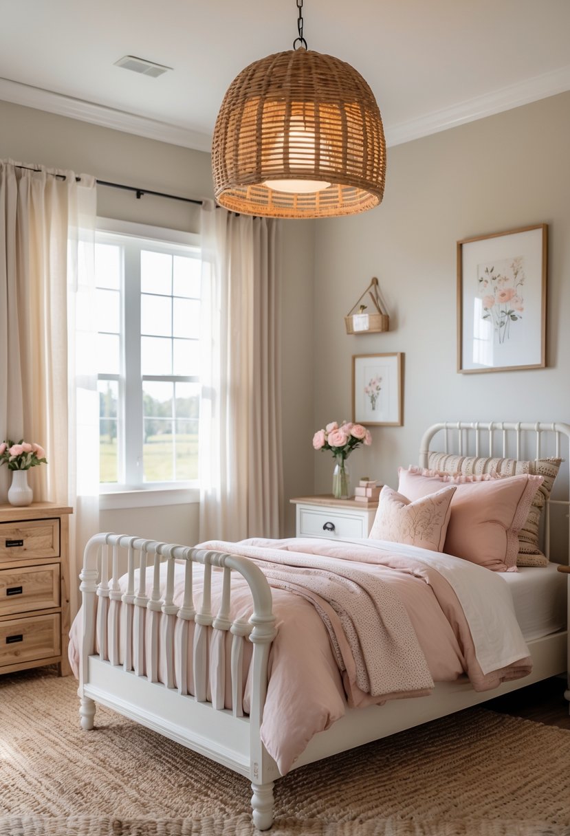 A cozy bedroom with a woven rattan pendant light hanging above a white wooden bed surrounded by soft bedding and natural wood furniture.