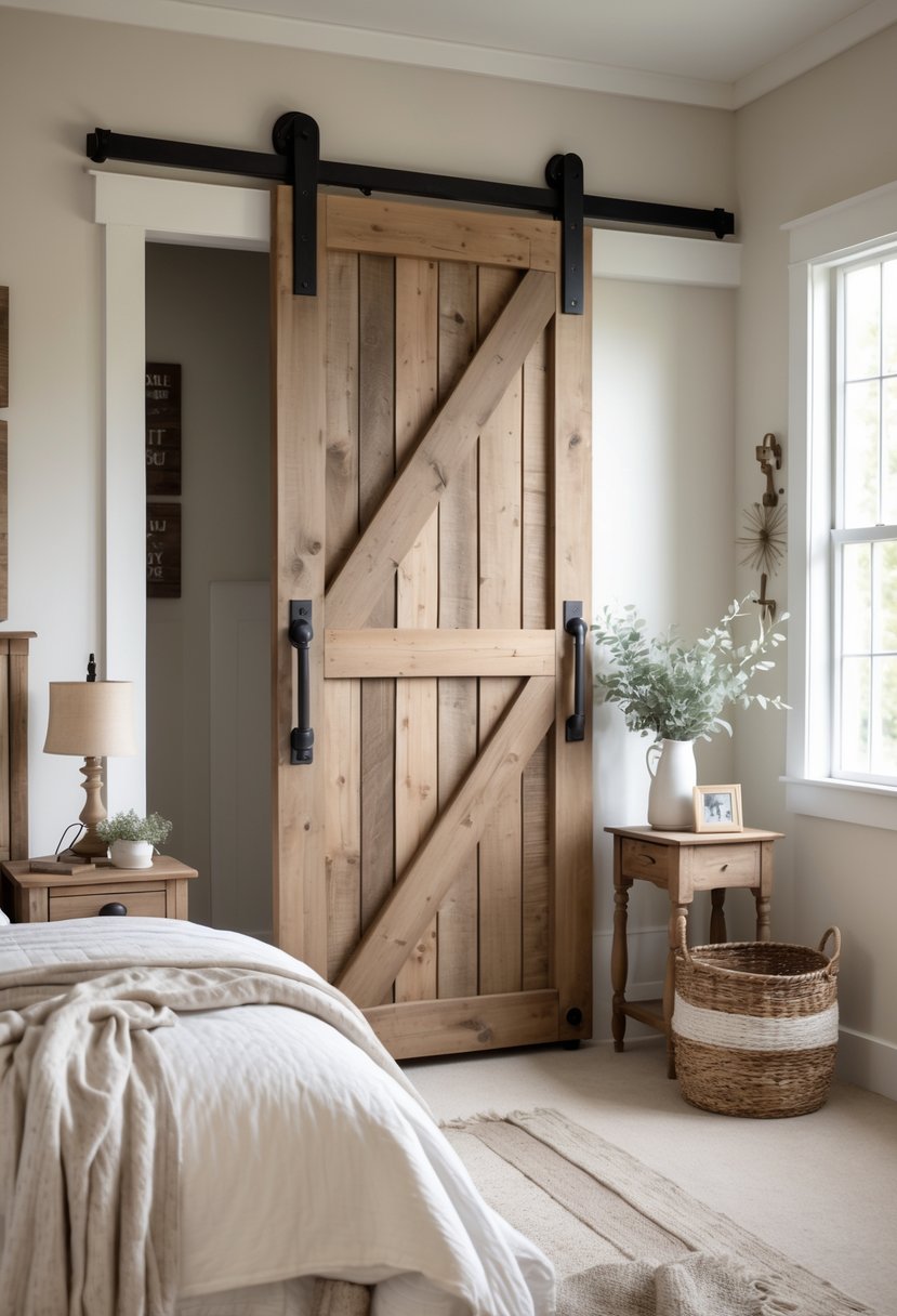 Bedroom with a rustic wooden barn door leading to a closet, featuring a bed and cozy decor.