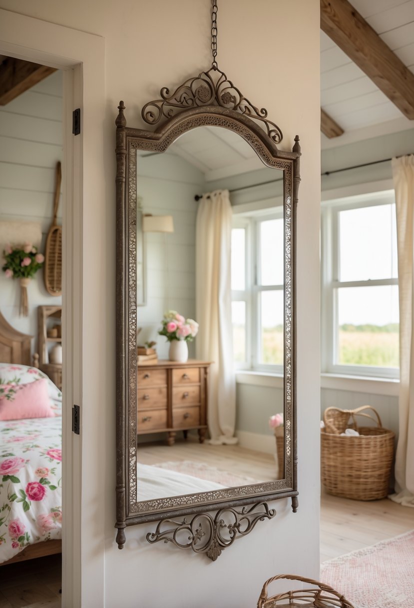 Antique metal-framed mirror hanging in a cozy farmhouse bedroom with a bed, nightstand, and rustic decor.