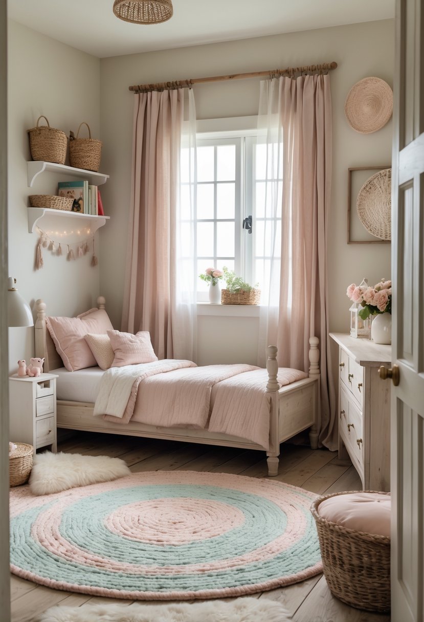 A girls' bedroom with a soft pastel area rug, a bed, wooden furniture, and natural light coming through a window.