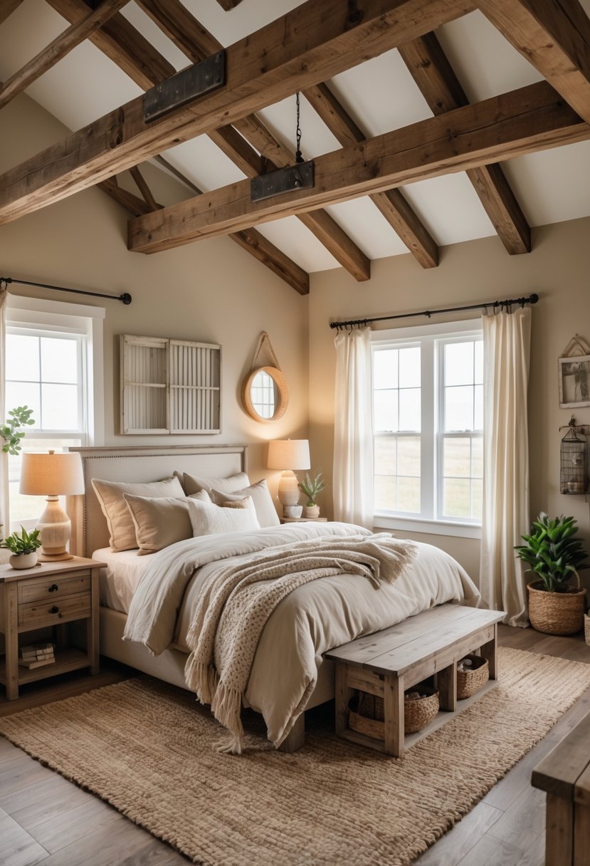 A bedroom with a wooden beam ceiling, bed with neutral bedding, wooden furniture, and natural light coming through windows.