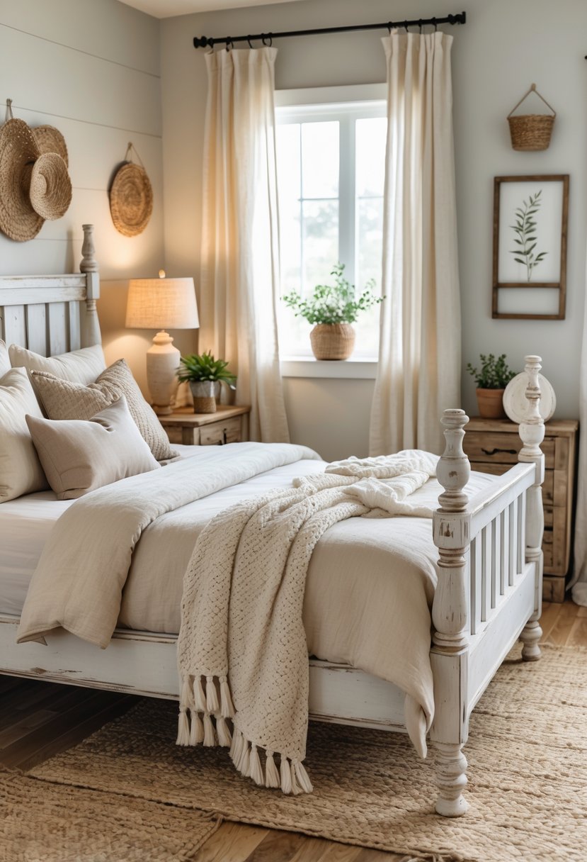 A bedroom with a wooden bed frame, neatly made bed, nightstands with decor, and natural light coming through a window.