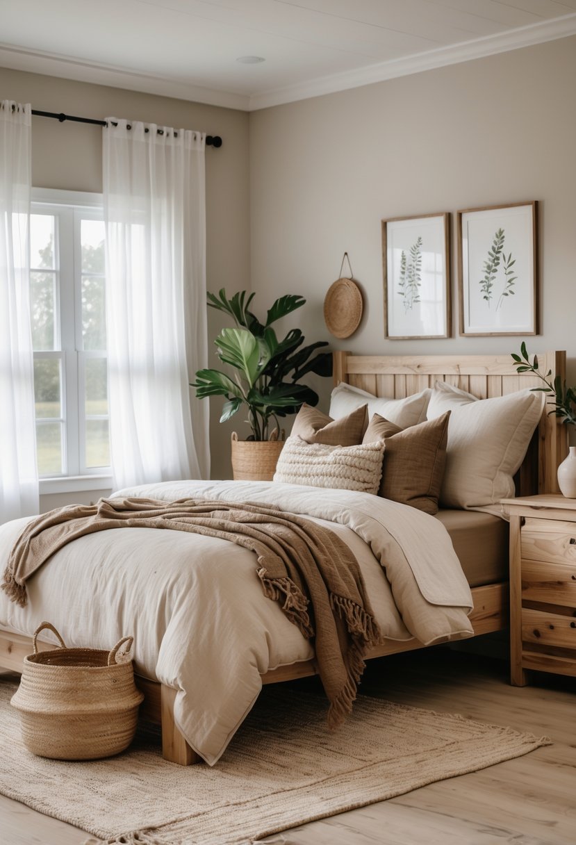 A bedroom with a bed, wooden furniture, plants, and soft natural light coming through sheer curtains.