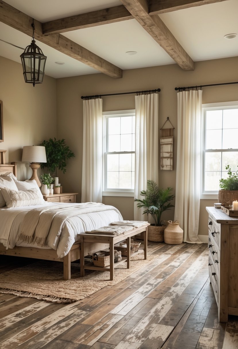 A bedroom with distressed hardwood flooring, a wooden bed, bedside table, and natural light coming through windows.