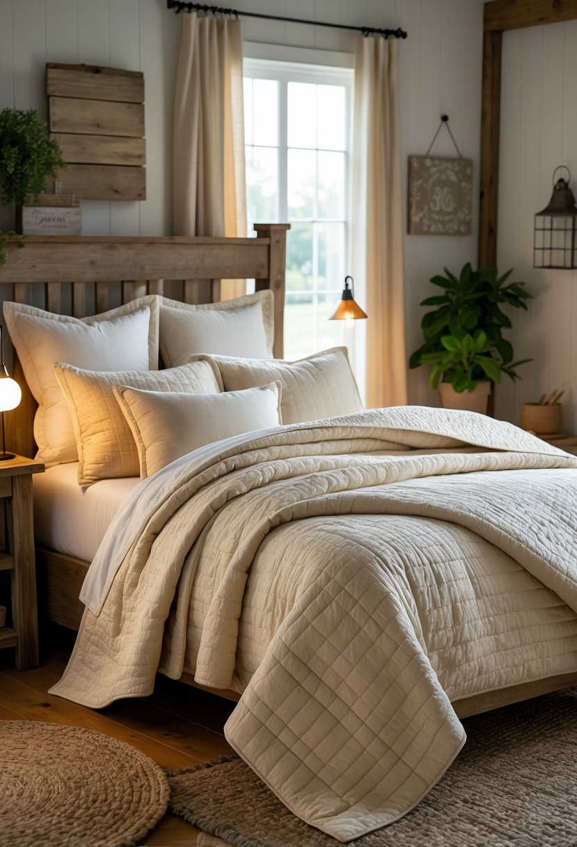 A cozy bedroom with quilted bedding on a large bed, wooden furniture, natural light, and plants.