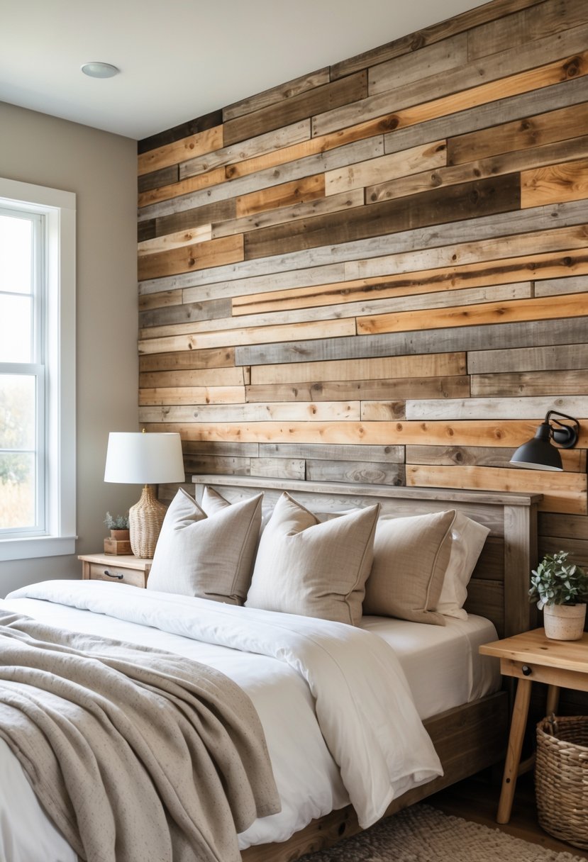 A bedroom with a bed and a wooden accent wall made of reclaimed wood planks, lit by natural light.